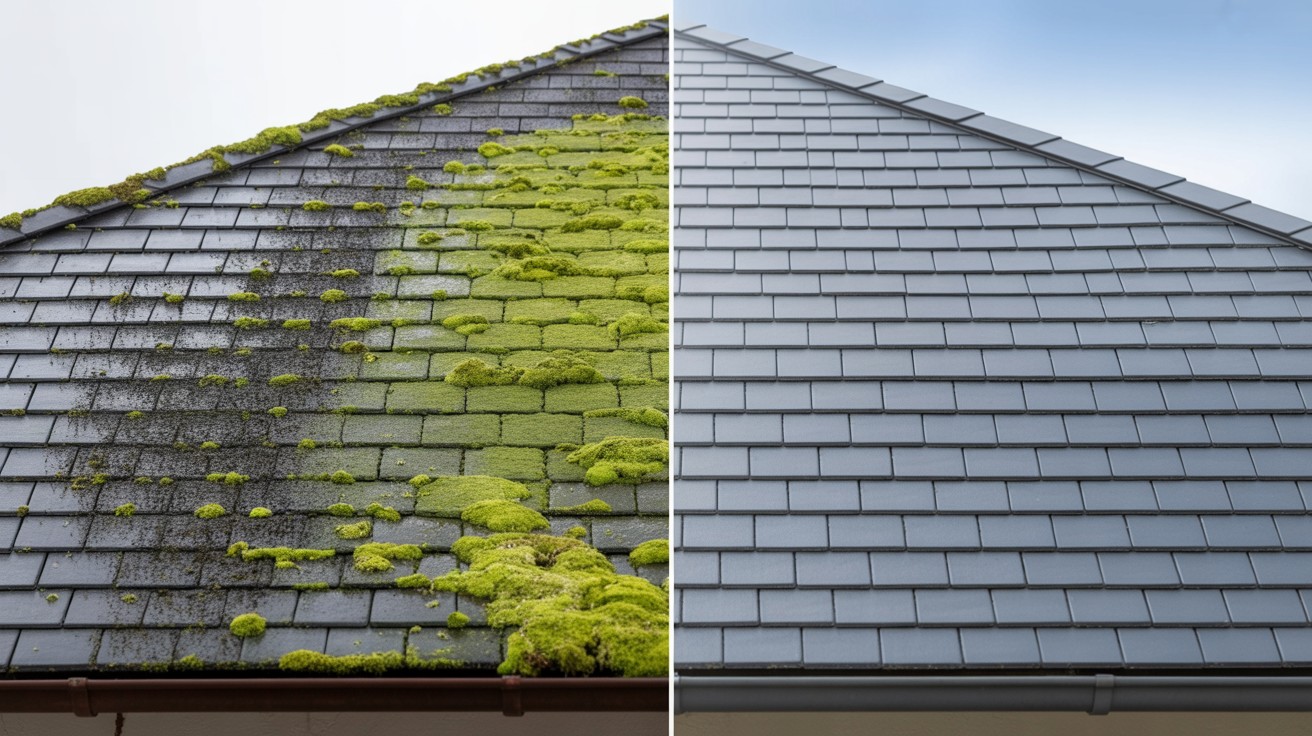 Before and after roof moss removal transformation