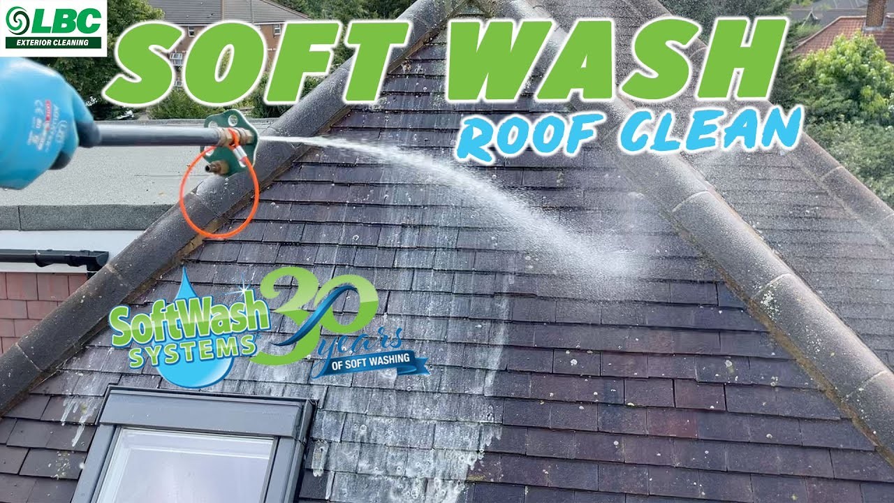 Soft wash roof cleaning equipment in use